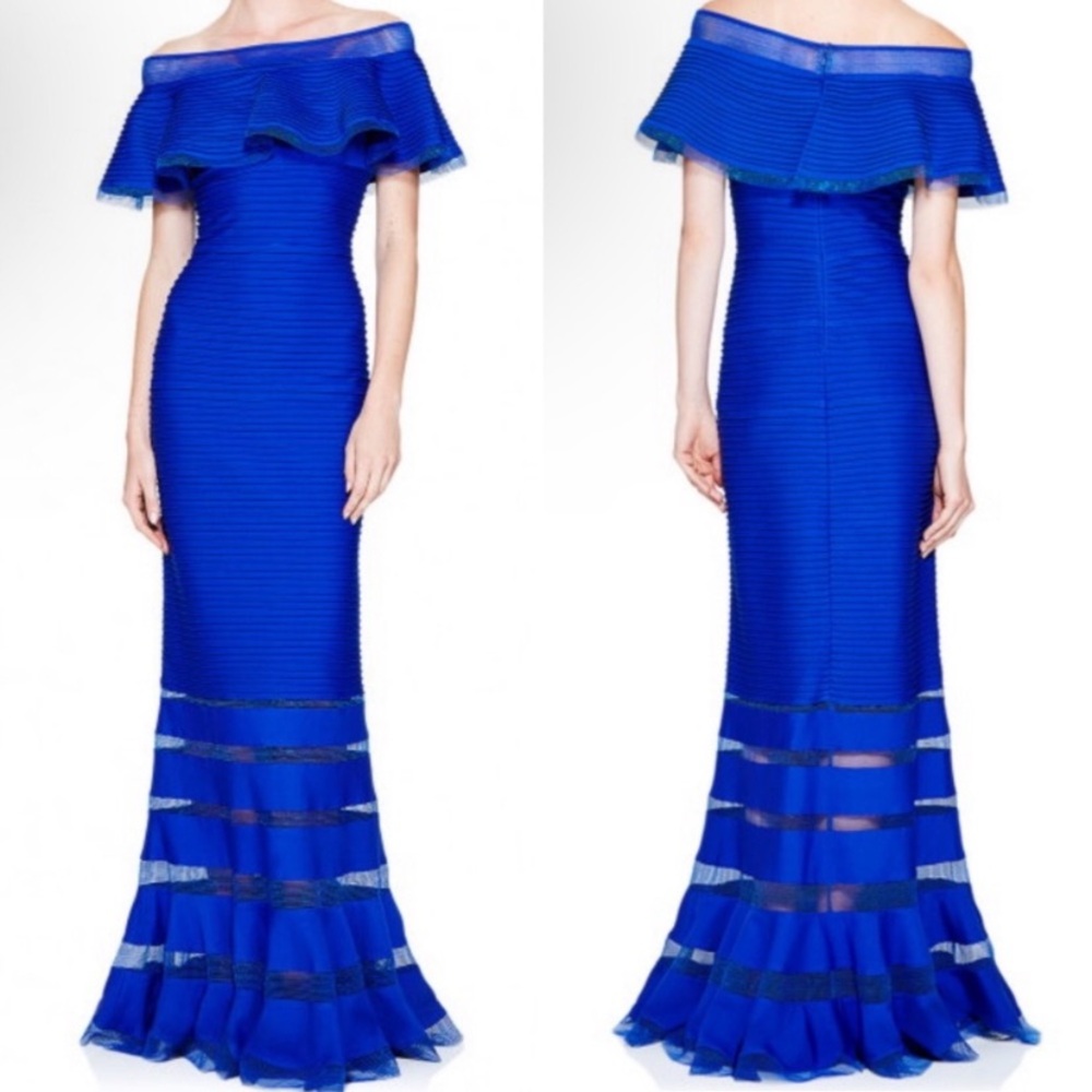 Tadashi Shoji cobalt off shoulder sexy mermaid formal gown medium